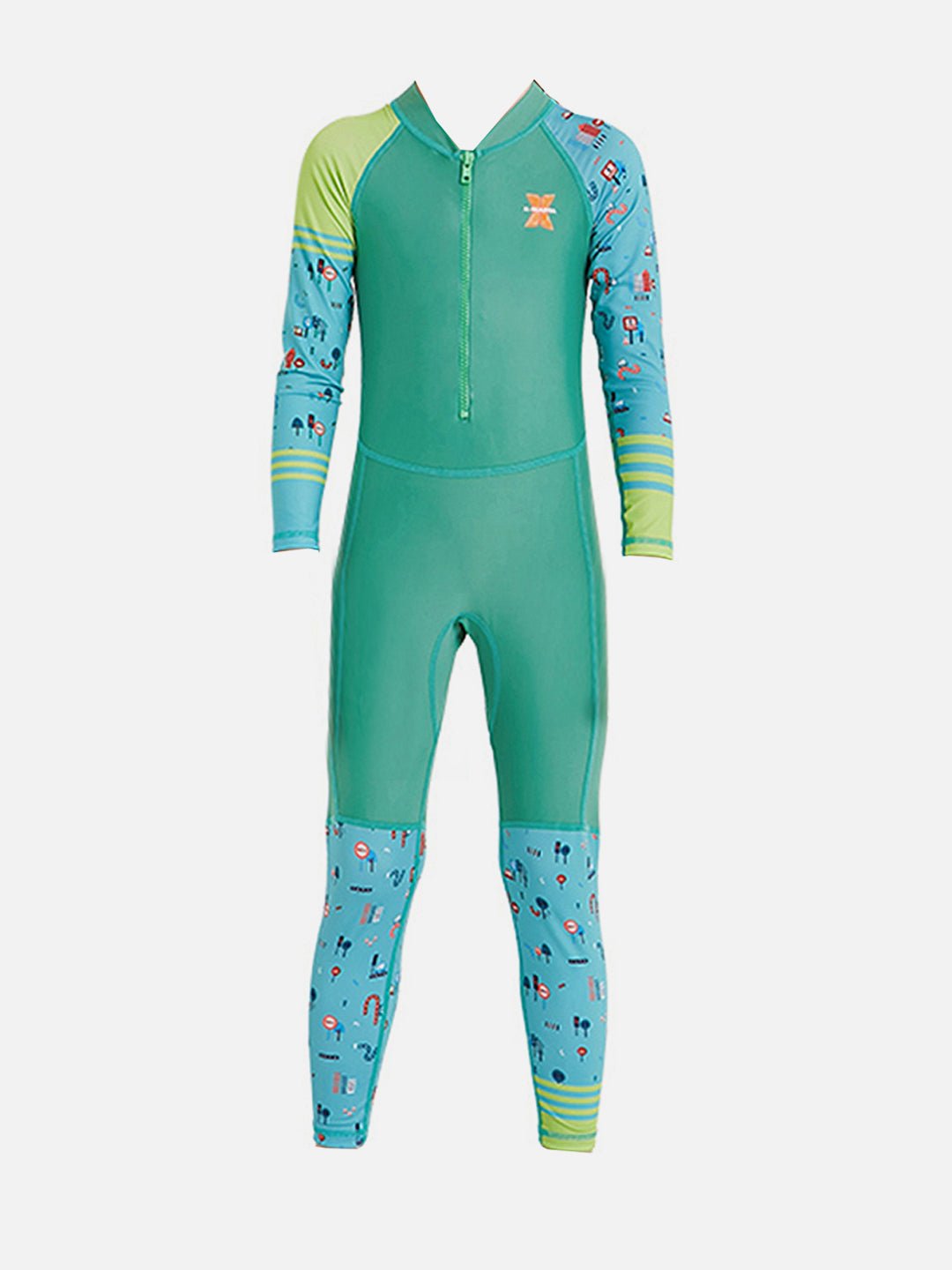 Light Green and Dark Green Transport Theme Kids Full Sleeve UPF 50+ Swimwear