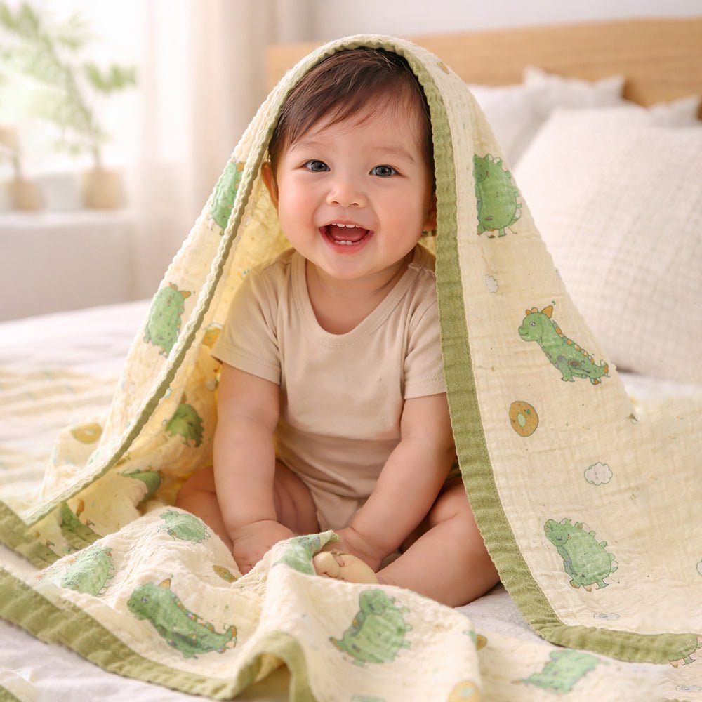 Green Dino & Avocado 1 PC Kids Cotton Muslin Dohar With Free Storage Pouch