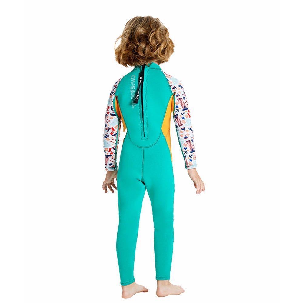 Green Nautical Printed Kids Neoprene Full Length Swimsuit With Free Washbag