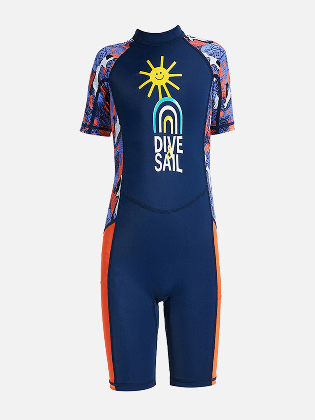 Navy Blue & Orange Sunshine Printed Kids Knee Length UPF 50+ Swimwear