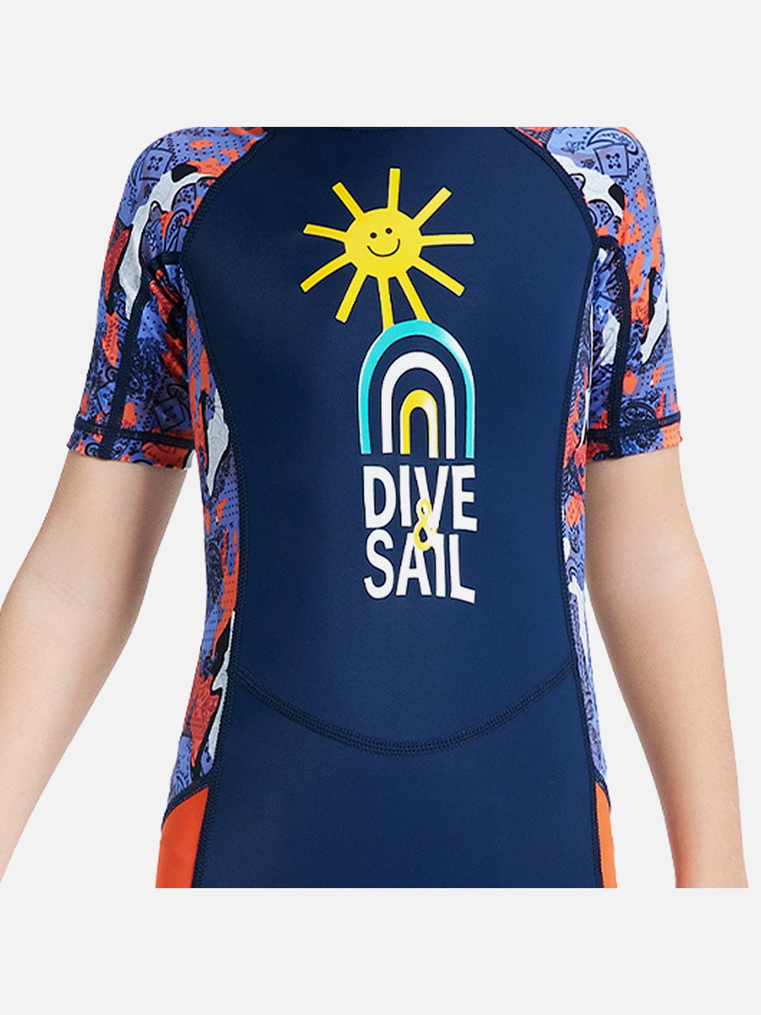 Navy Blue & Orange Sunshine Printed Kids Knee Length UPF 50+ Swimwear