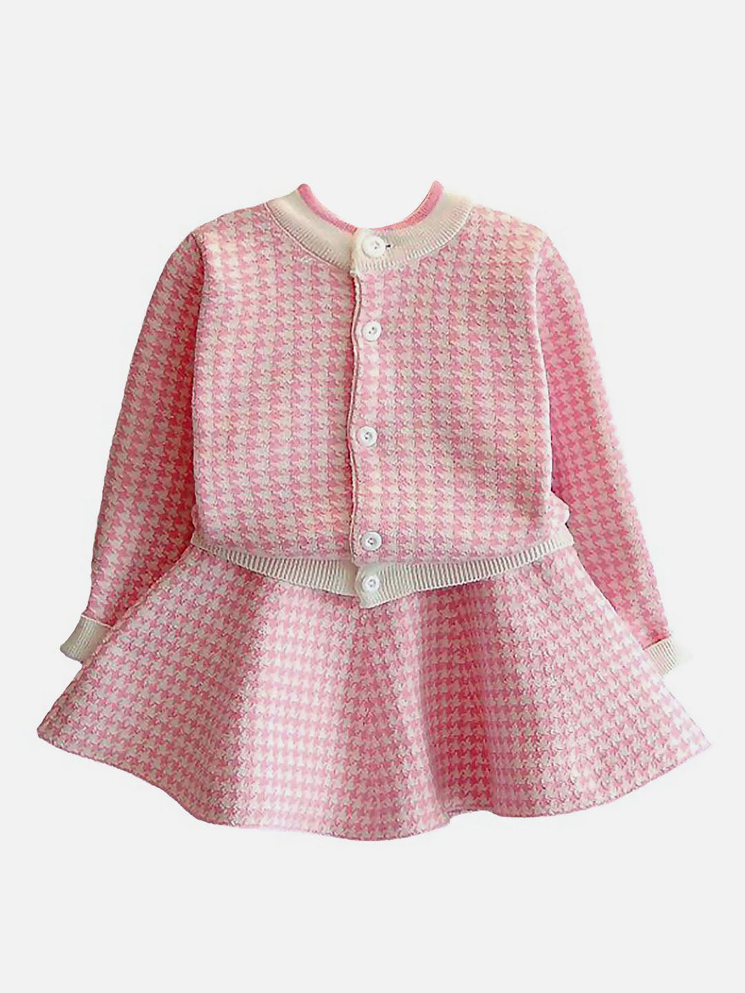 Little Surprise Box Pink Houndstooth 2 Pcs Cardigan & Skirt Winterwear Set For Girls