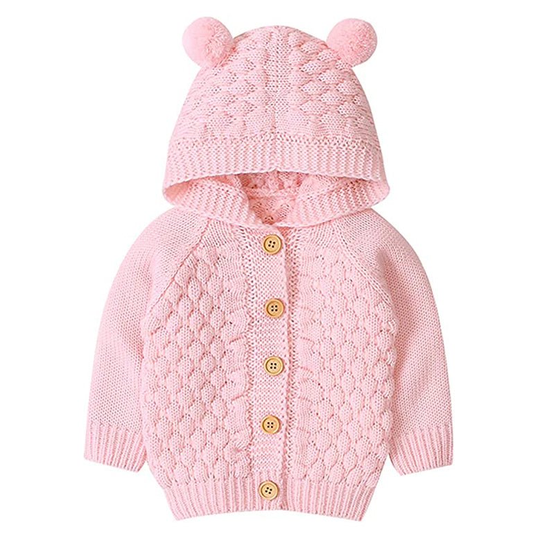 Little Surprise Box Baby Pink Knitted Cardigan Sweater With Pom Pom Hoodie