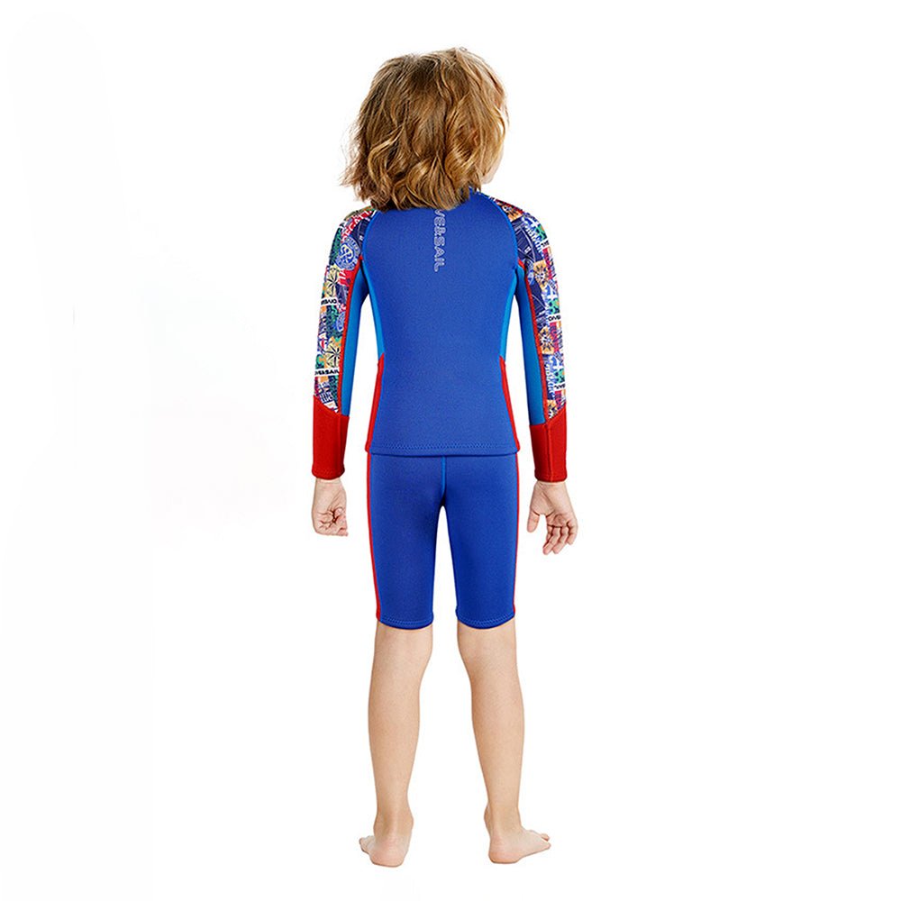 Purple Geometric Printed Kids Full Length Neoprene Swimwear With Free Washbag