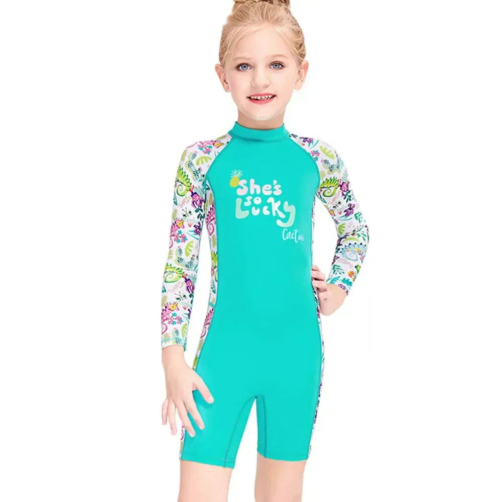 Mint Green Woodland Printed Kids Full Length UPF 50+ Swimwear