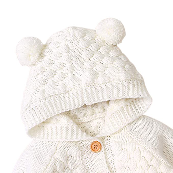 Little Surprise Box Ivory Knitted Cardigan Sweater With Pom Pom Hoodie For Kids