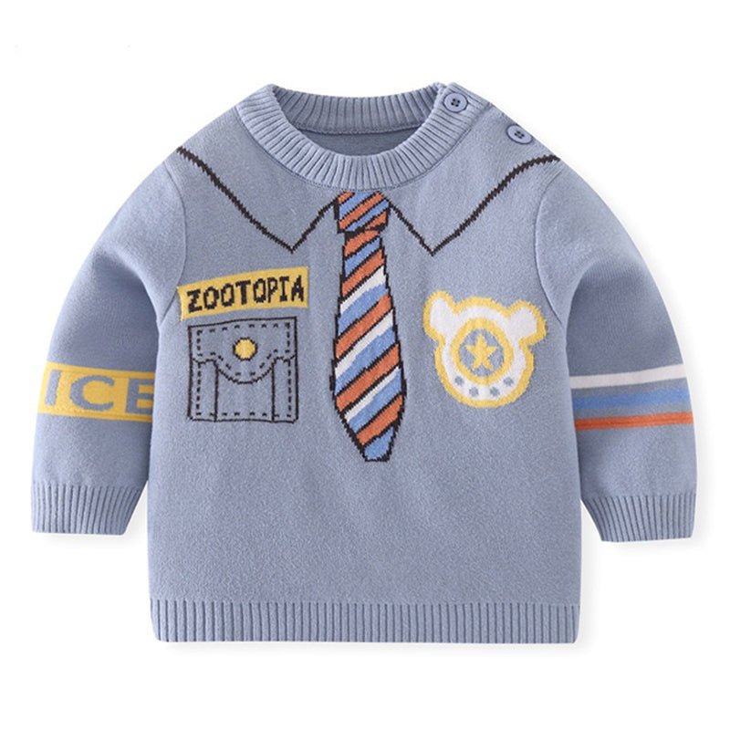 Little Surprise Box Light Blue Little Man Tie Print Cardigan Sweater For Kids