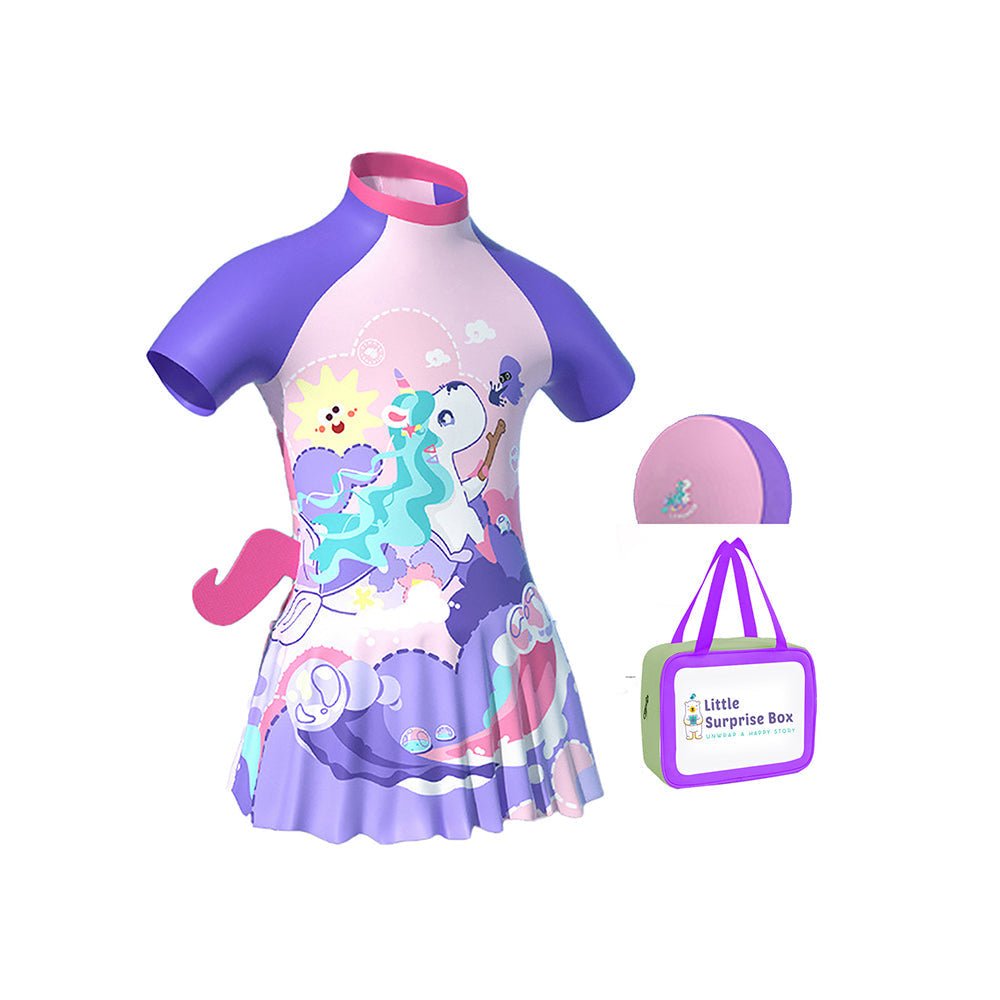 Purple Mermaid Unicorn Printed Kids Frock Style UPF 50+ Swimwear With Free Washbag