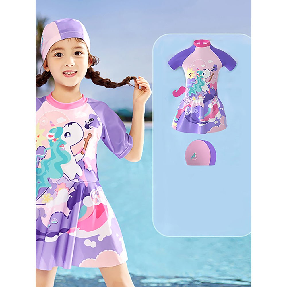 Purple Mermaid Unicorn Printed Kids Frock Style UPF 50+ Swimwear With Free Washbag