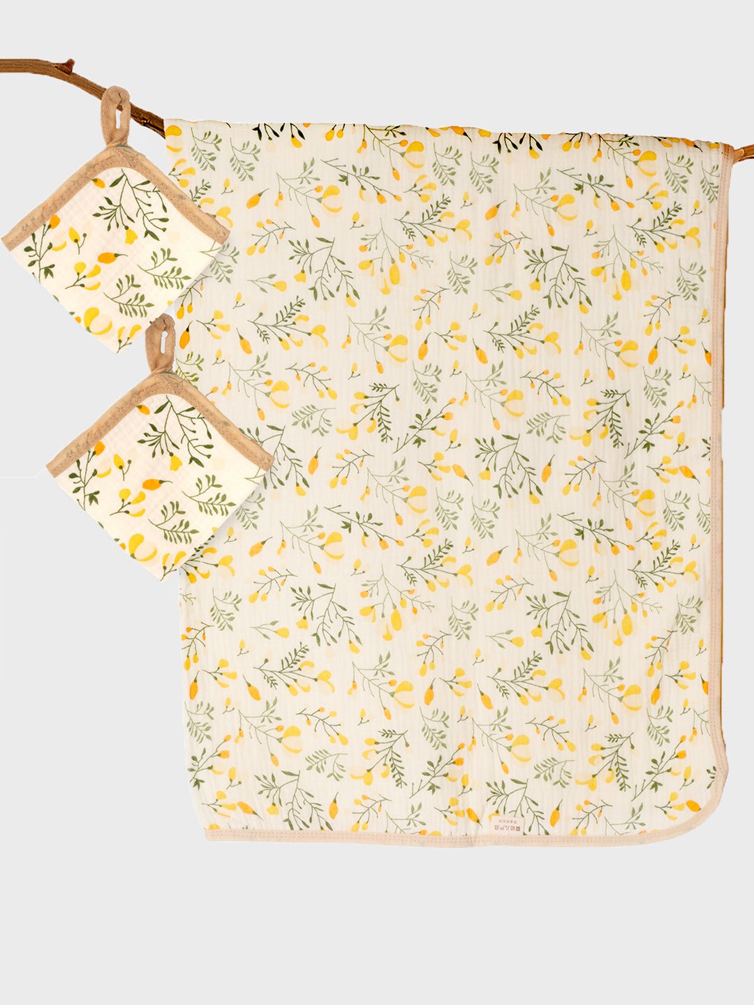 Yellow Flower 3 PC Kids Muslin Cotton Hooded Blanket With 2 Matching Napkins