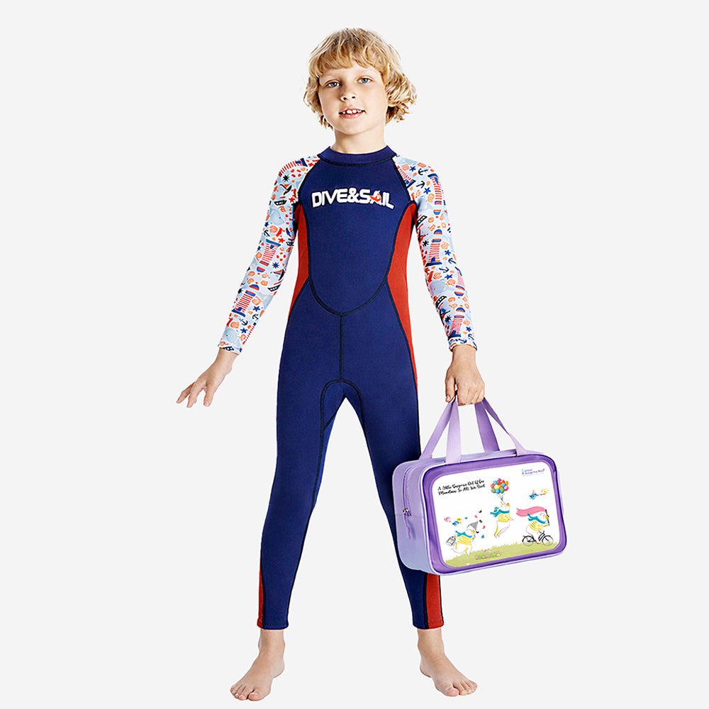 Navy Nautical Printed Kids Neoprene Full Length Swimsuit With Free Washbag