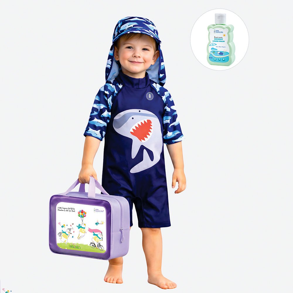 Navy Shark Printed Kids Swimwear Set With Free Washbag & Detergent