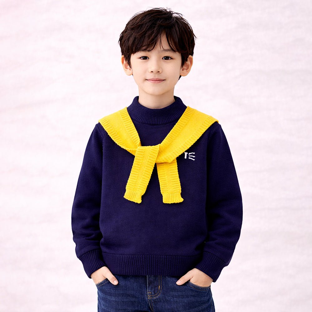 Little Surprise Box Navy Yellow Cat Design Cardigan With Muffler For Kids