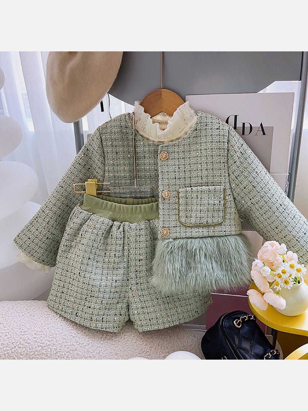 Little Surprise Box Olive Fur Trim 2 Pcs Top & Shorts Tweed Winterwear Set For Girls
