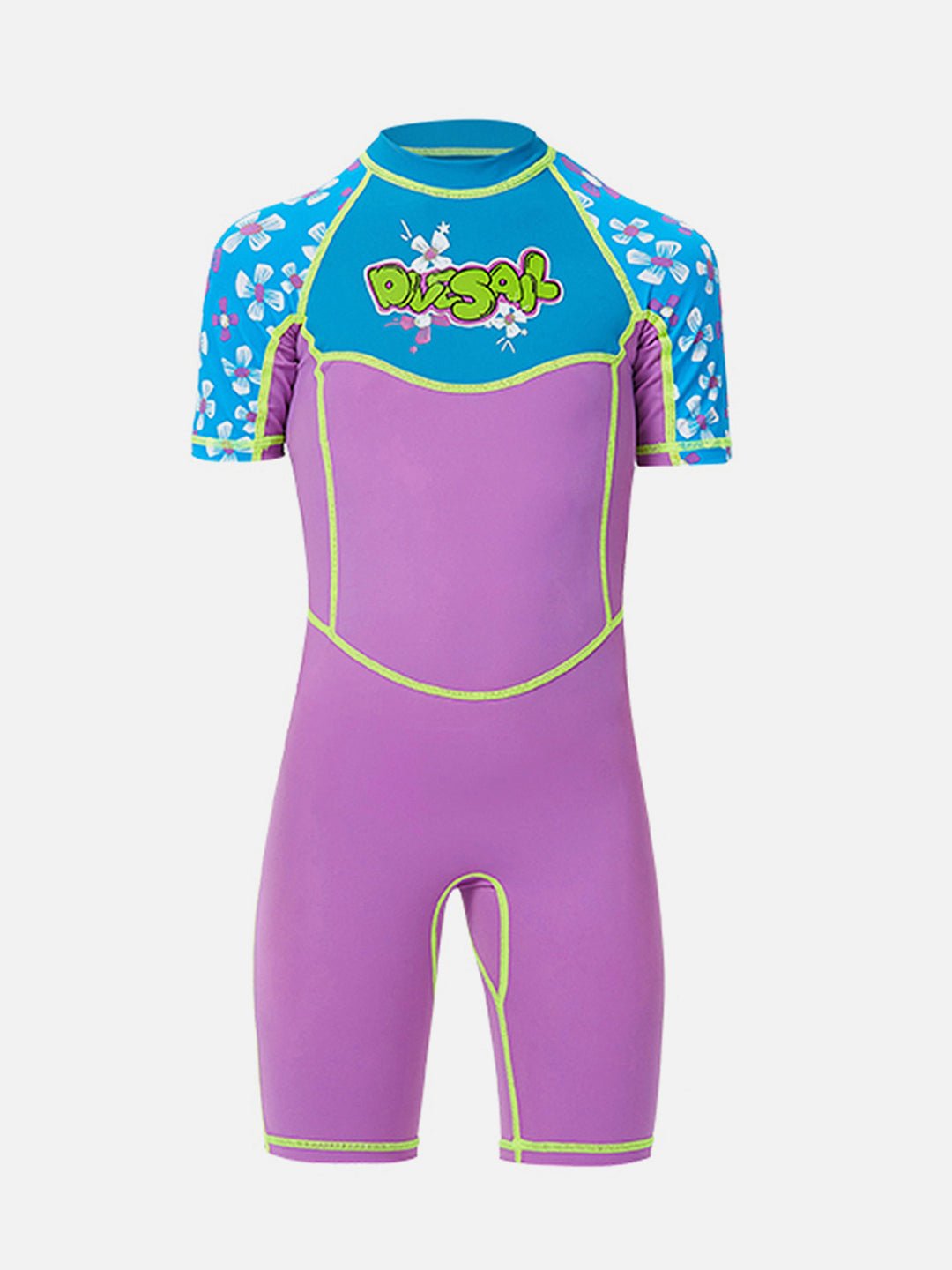 Purple & Blue Floral Printed Kids UPF 50+ Knee Length Swimsuit With Matching Cap