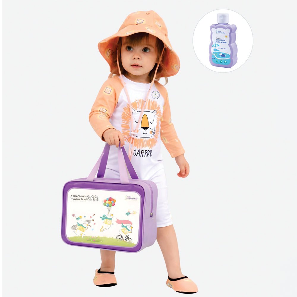Orange Roar Lion Printed Kids 2-Piece UPF Swimwear With Free Washbag