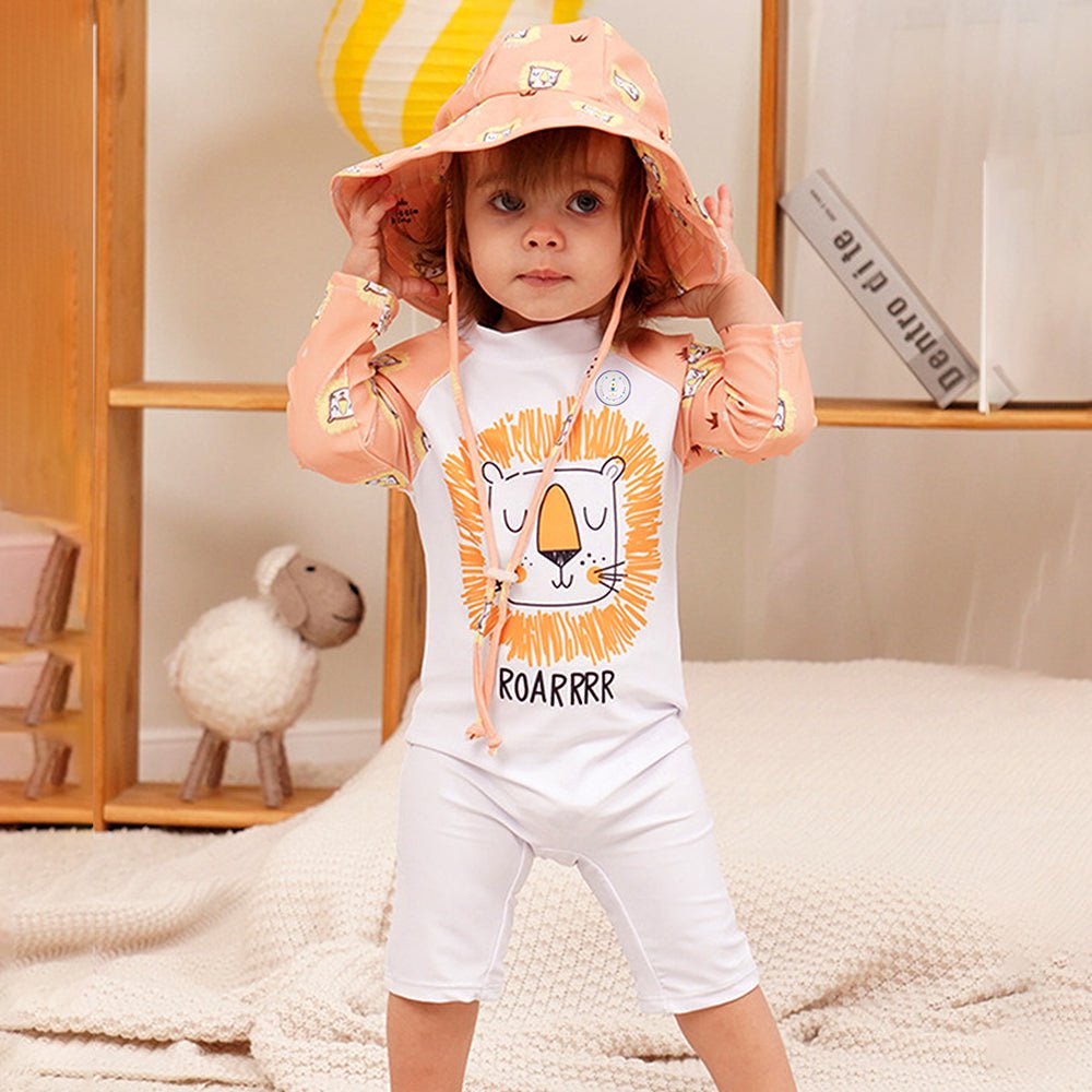 Orange Roar Lion Printed Kids 2-Piece UPF Swimwear With Free Washbag