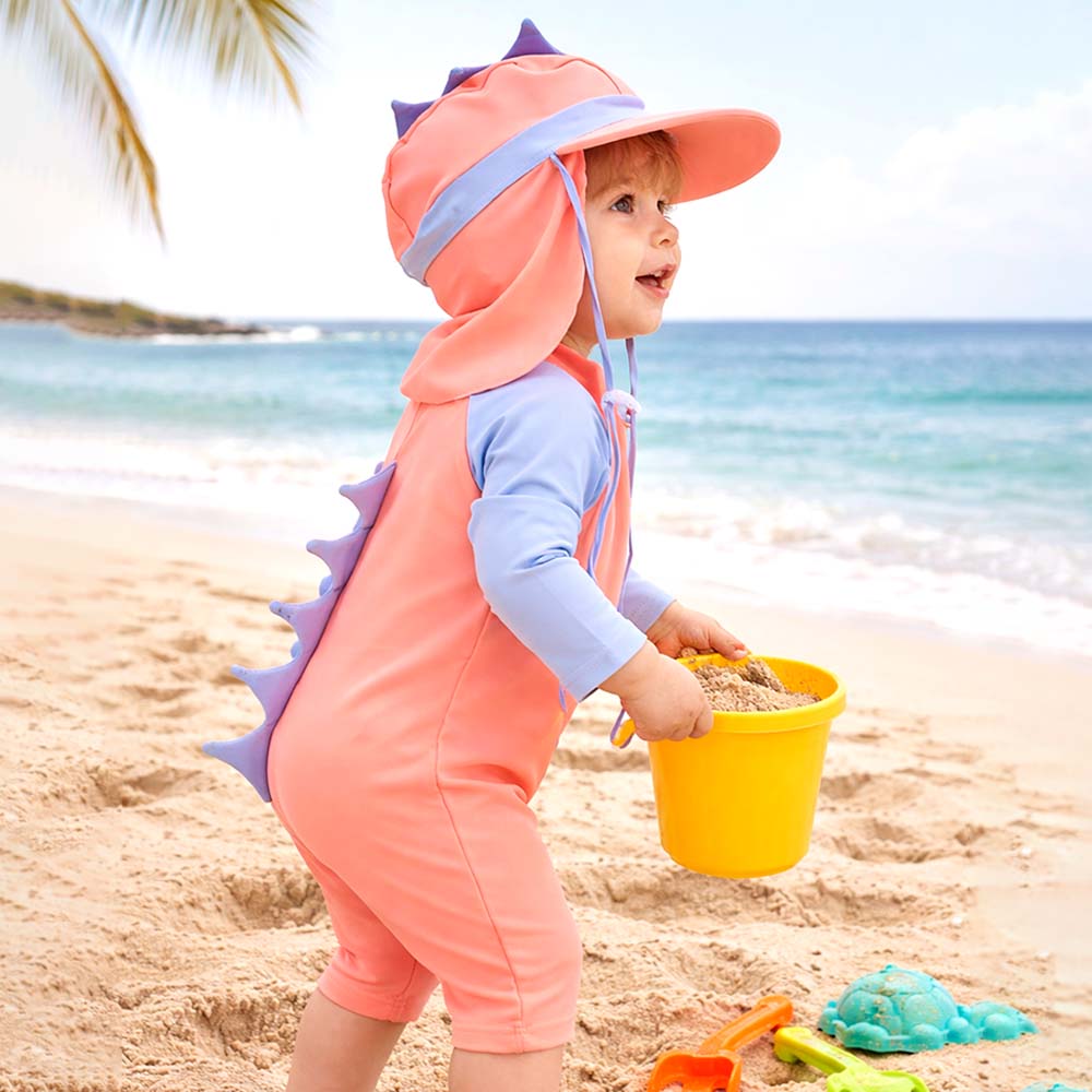 Peach Blue Spiked Dino Printed Kids Knee Length Swimwear With Free Washbag & Detergent