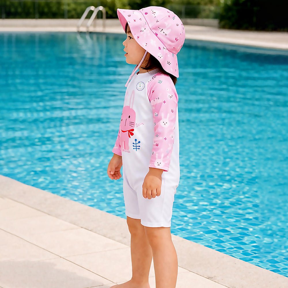 Pink Bunny Printed Kids Knee Length UPF Swimwear With Free Washbag