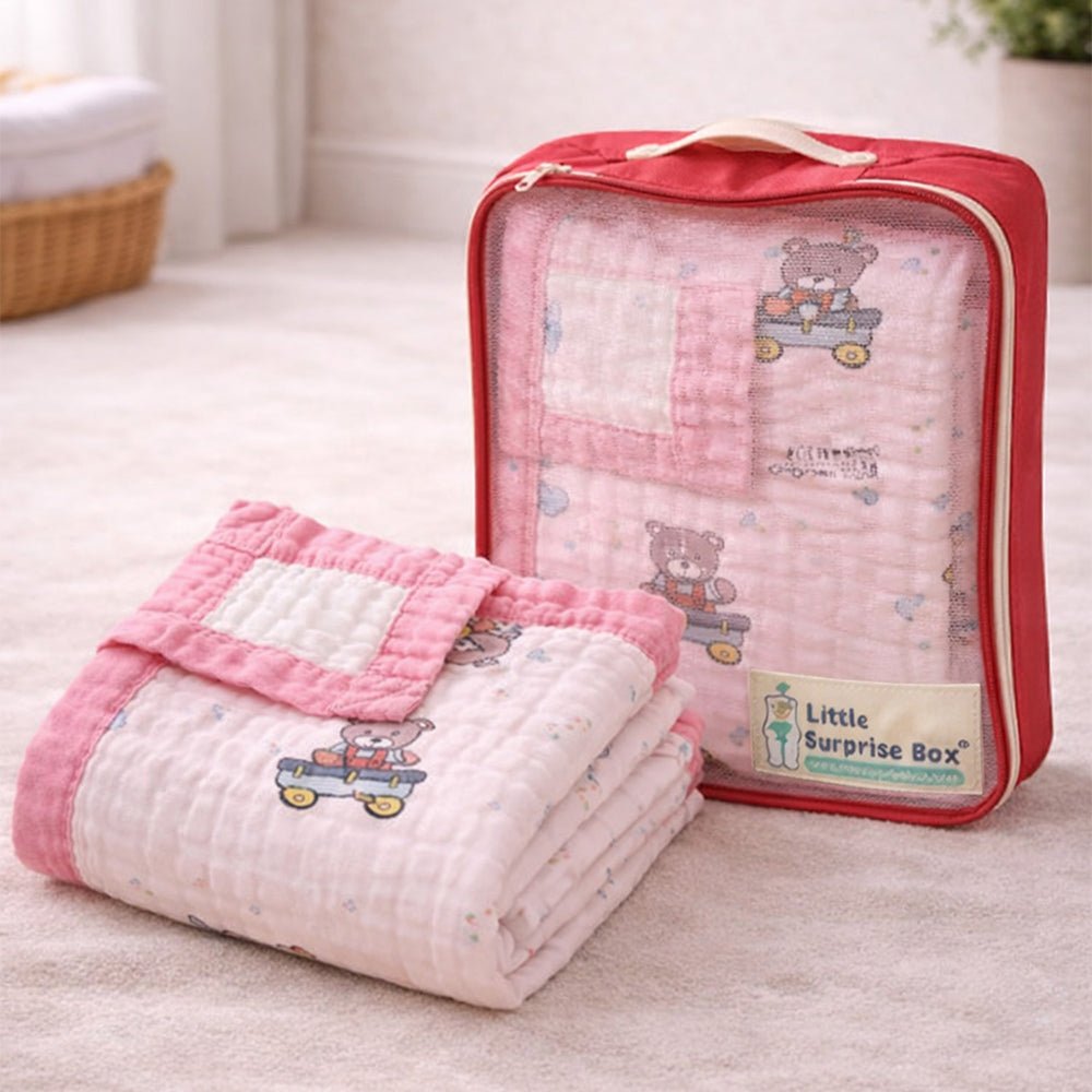 Pink Cart Teddy 1 PC Kids Cotton Muslin Blanket With Free Storage Pouch