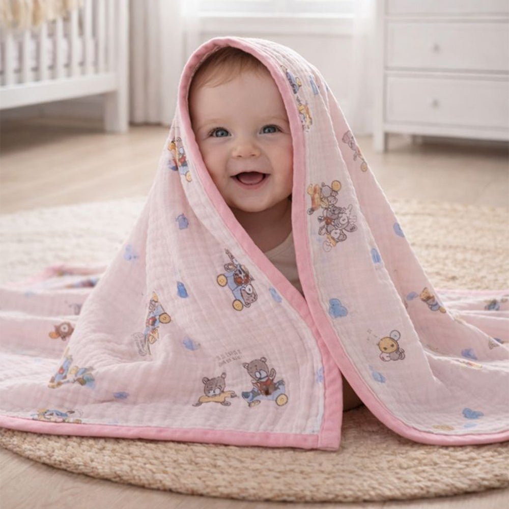 Pink Cart Teddy 1 PC Kids Cotton Muslin Blanket With Free Storage Pouch