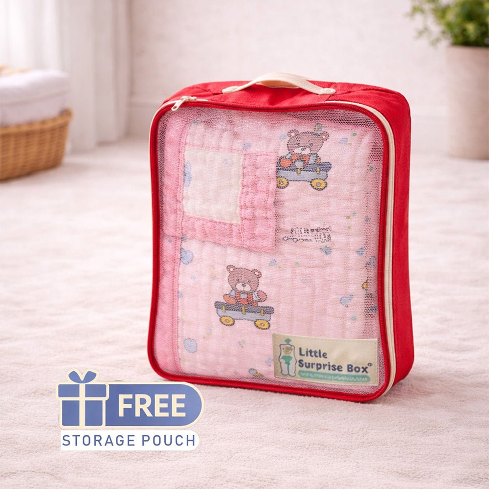 Pink Cart Teddy 1 PC Kids Cotton Muslin Blanket With Free Storage Pouch