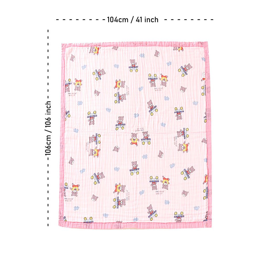 Pink Cart Teddy 1 PC Kids Cotton Muslin Blanket With Free Storage Pouch