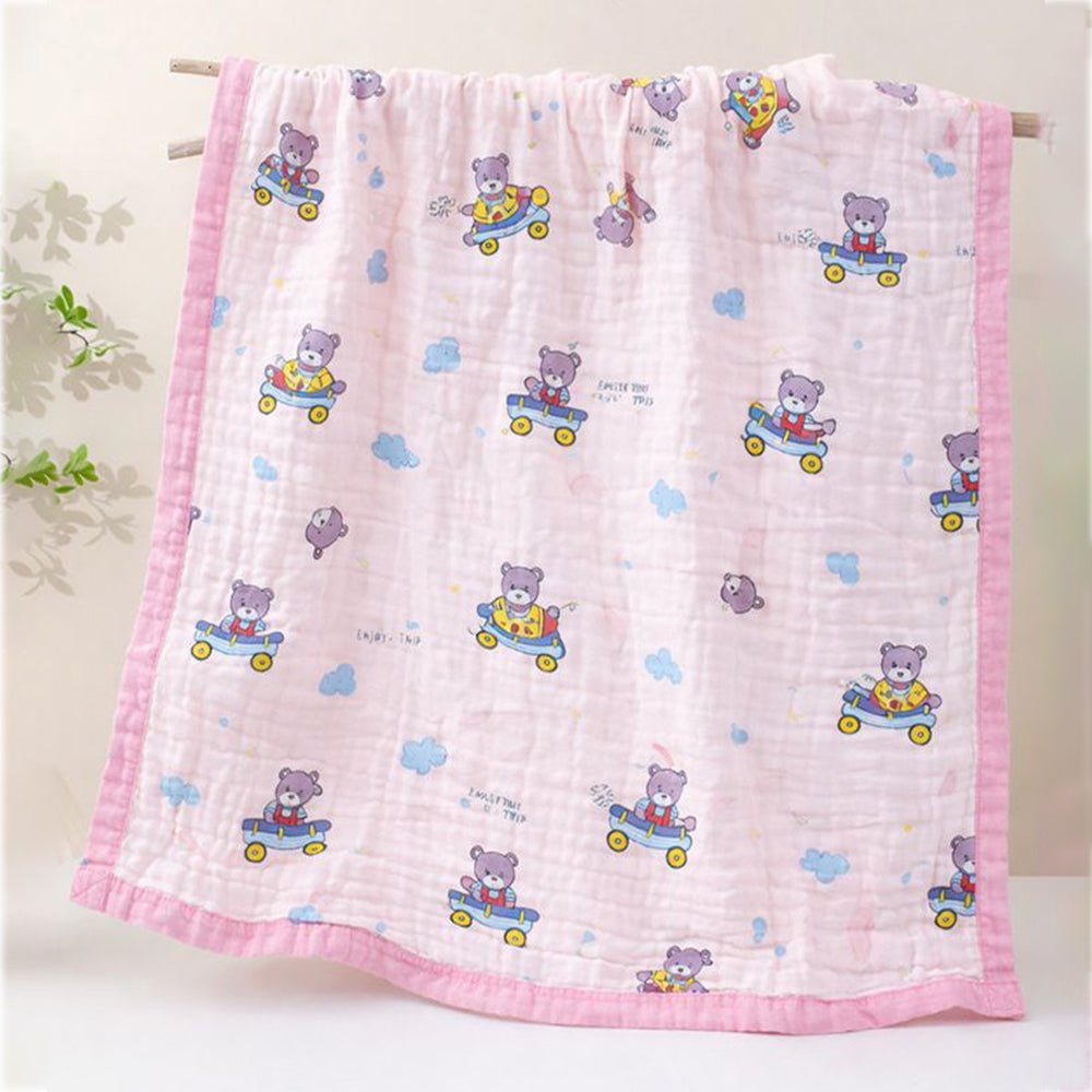 Pink Cart Teddy 1 PC Kids Cotton Muslin Blanket With Free Storage Pouch