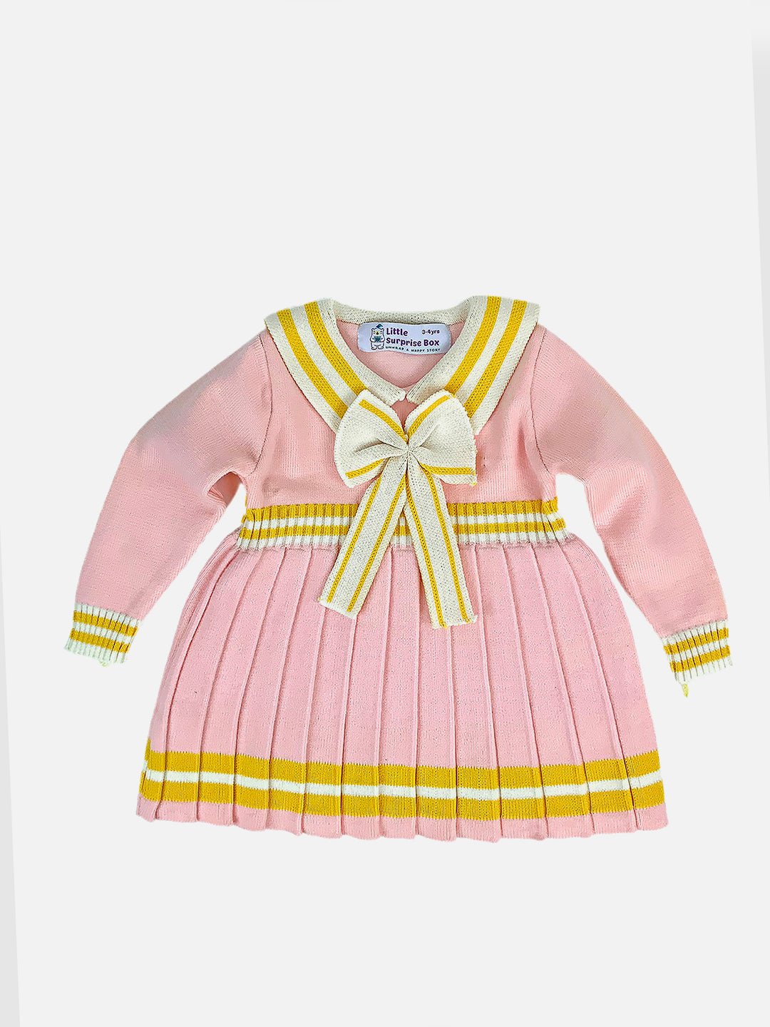 Little Surprise Box Pink Mustard Big Bow Stripes Sailor Winterwear Frock
