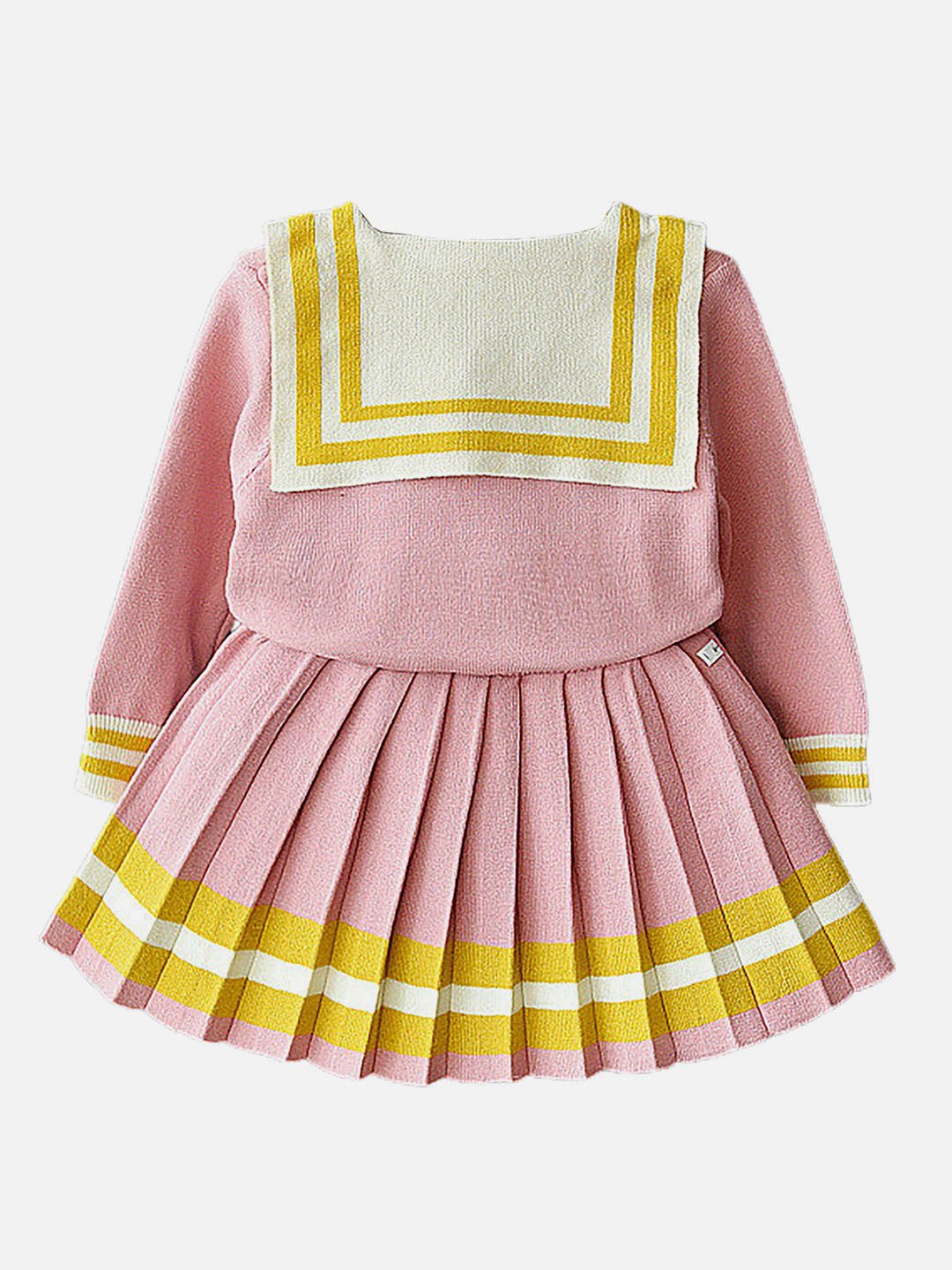 Little Surprise Box Pink Ochre Pleated Bow Skirt Winterwear Set For Girls