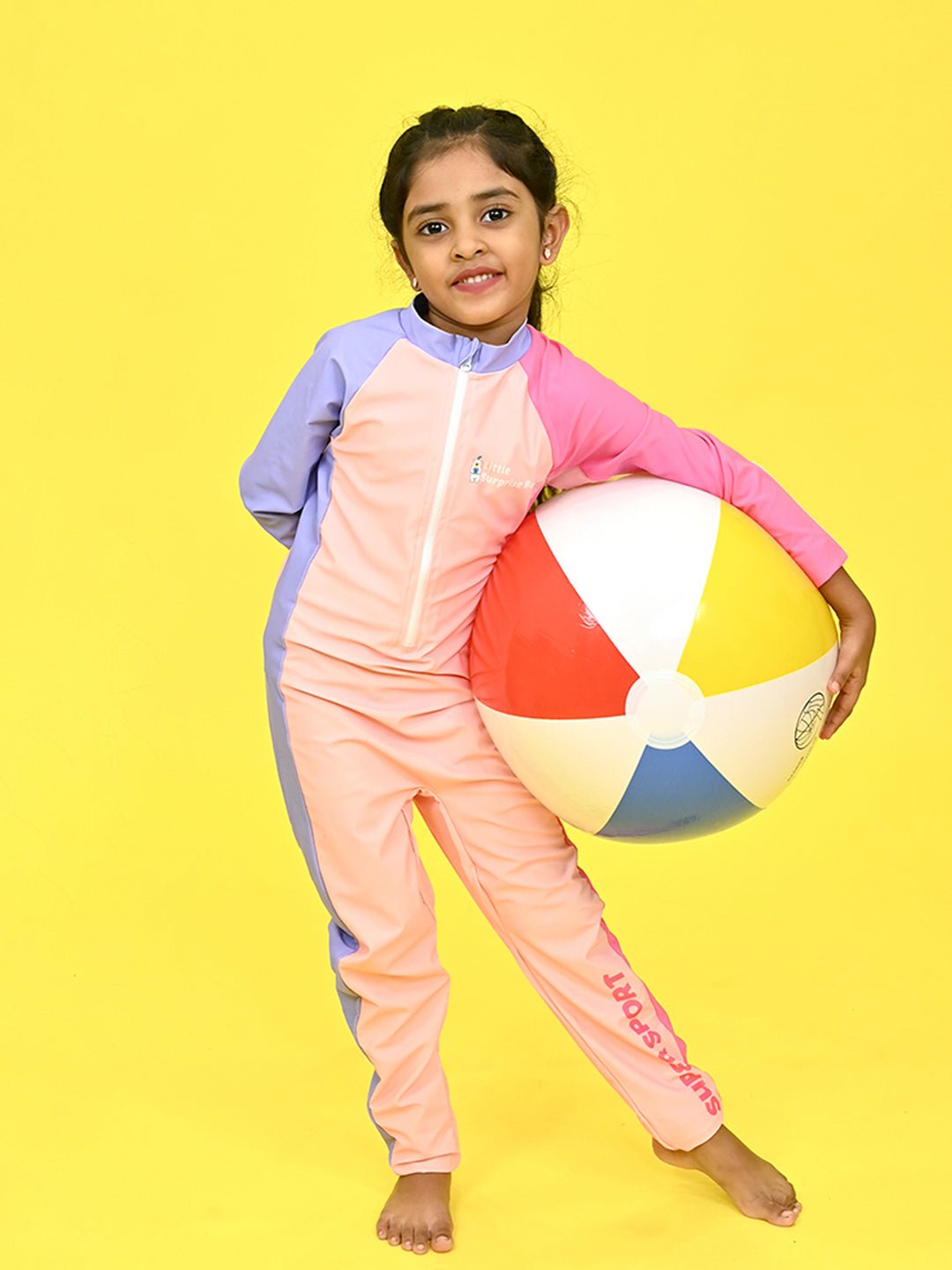 Pink Tri Colour Printed Kids Full Length UPF 30+ Swimwear With Free Washbag