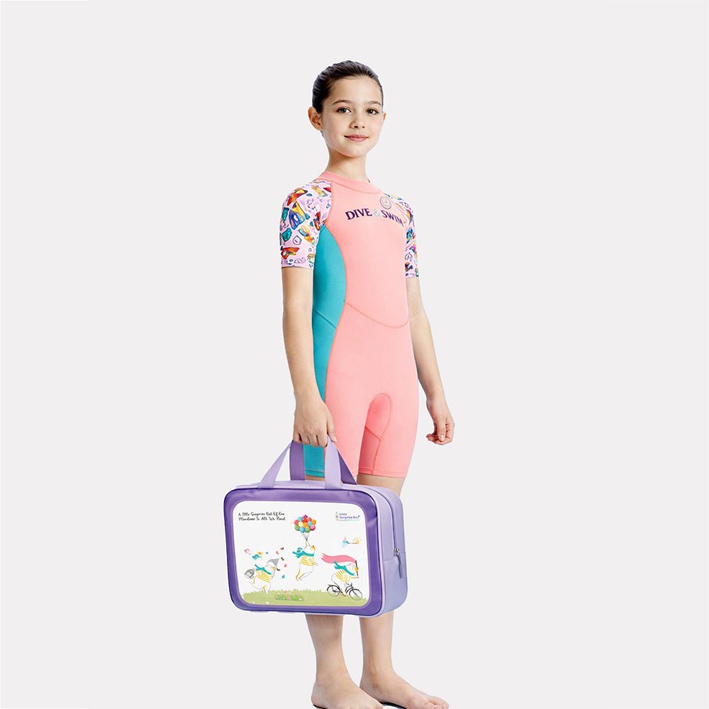 Pink Dive and Sail Printed Kids Knee Length UPF 50+ Swimwear With Free Washbag