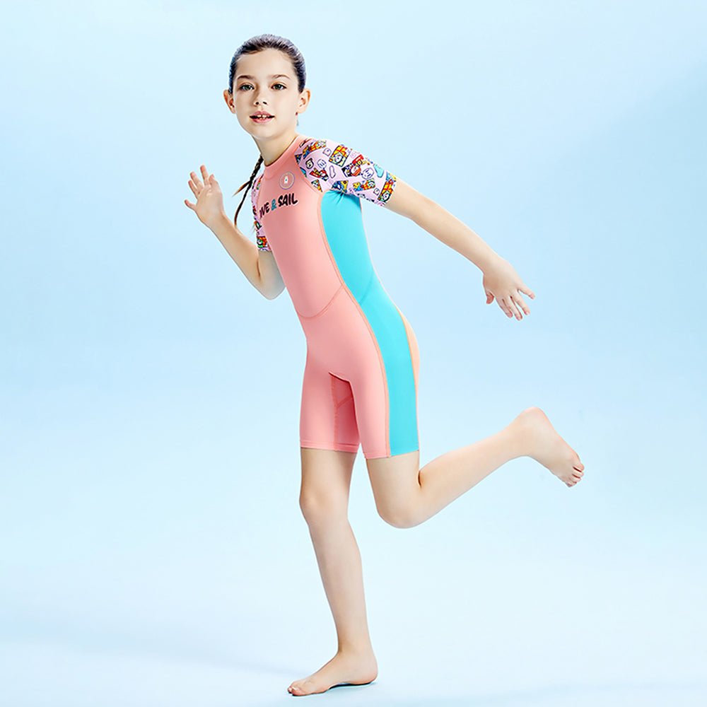 Pink Dive and Sail Printed Kids Knee Length UPF 50+ Swimwear With Free Washbag