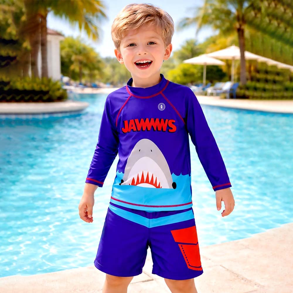 Navy Blue Shark Printed Boys 2-Piece Polyester Swimwear With Free Washbag