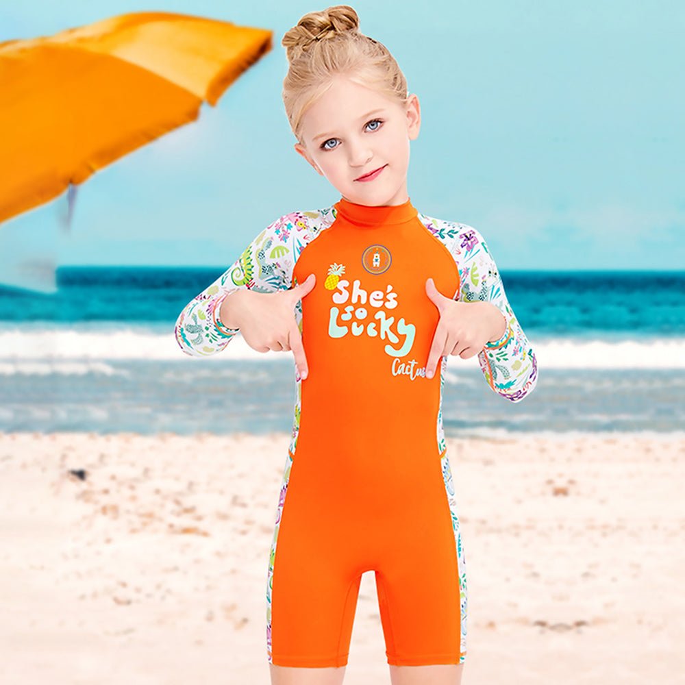 Orange She's So Lucky Printed Kids Knee Length UPF 50+ Swimwear With Free Washbag