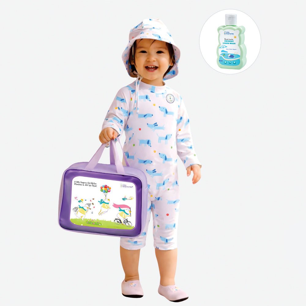 White Blue Dog Printed Kids Knee Length UPF Swimwear With Free Washbag