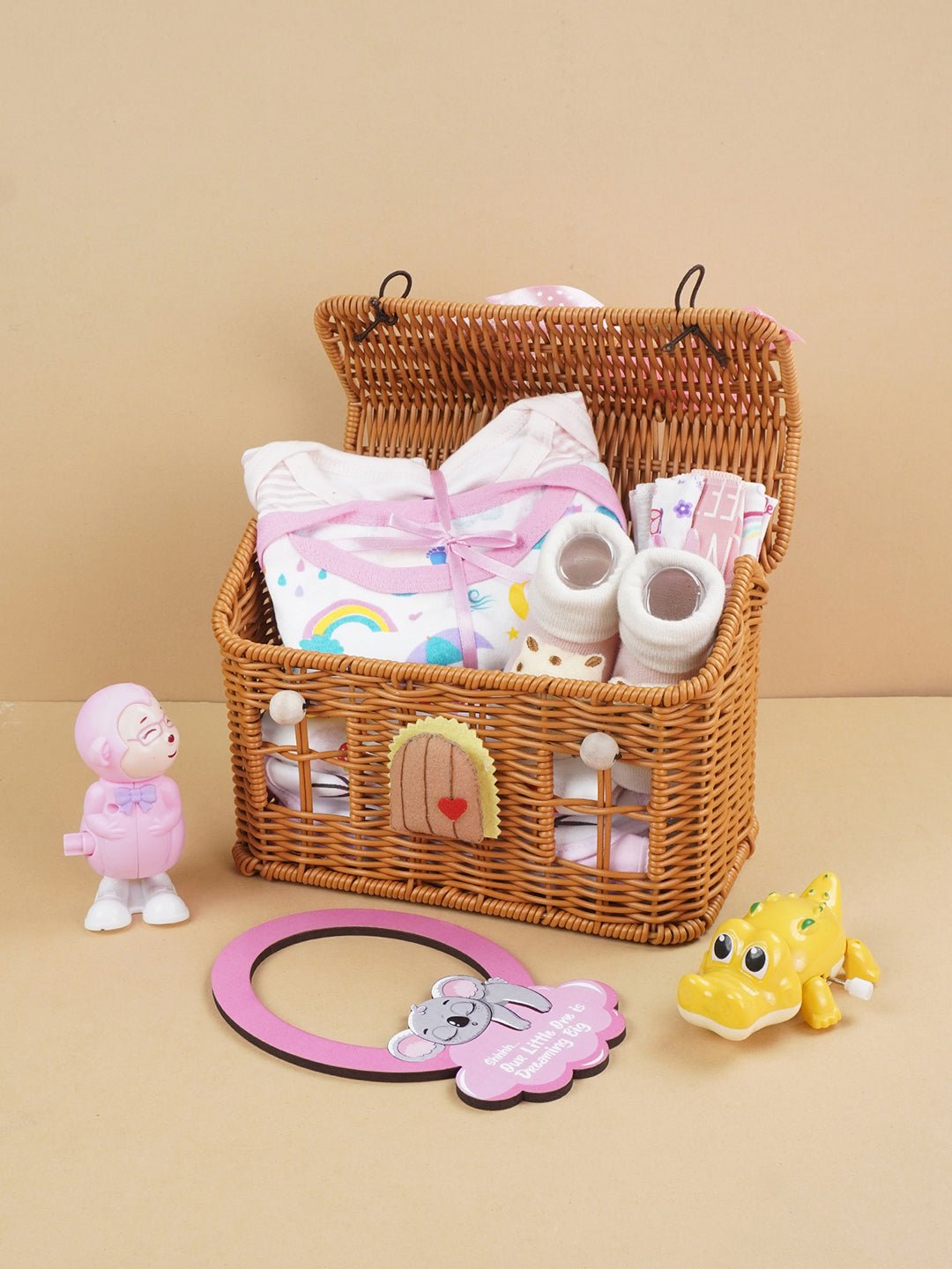 Blessed Home Pink Cotton 15 PCS Newborn Baby Girl Gift Box With Basket