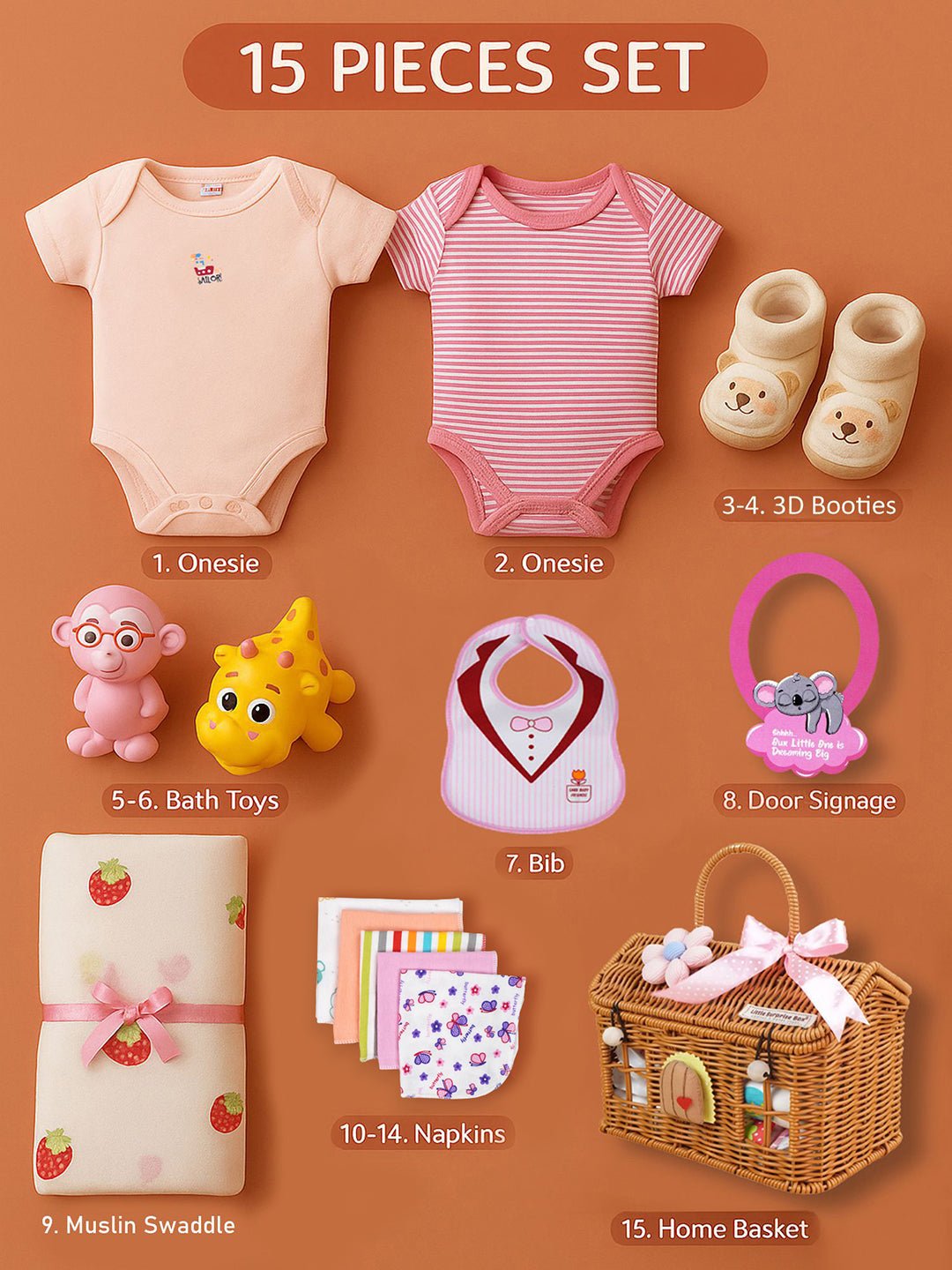 Blessed Home Pink Cotton 15 PCS Newborn Baby Girl Gift Box With Basket