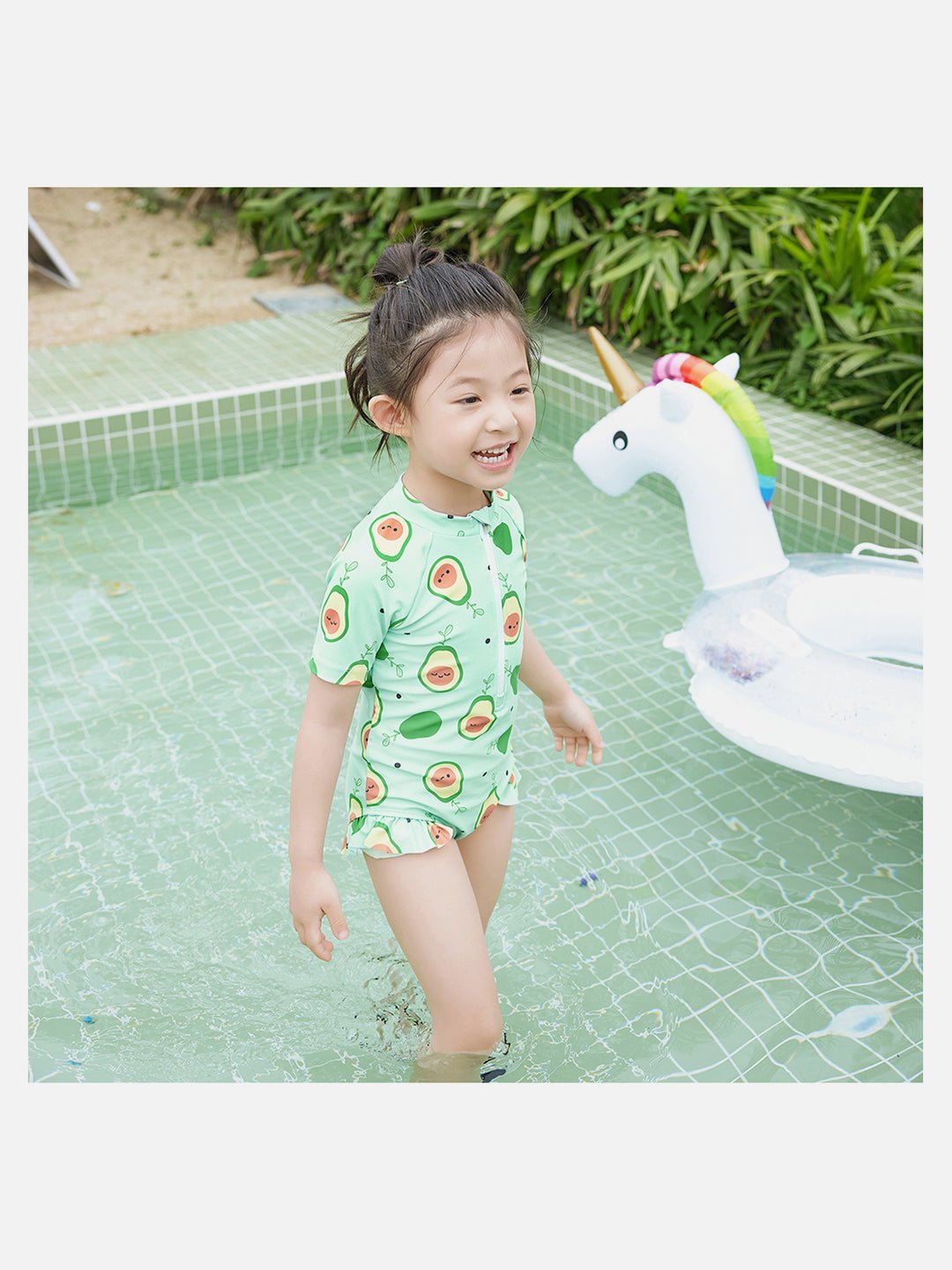 Green Frilly Avocado Printed Kids 2pcs Swimwear With Matching Swim Cap