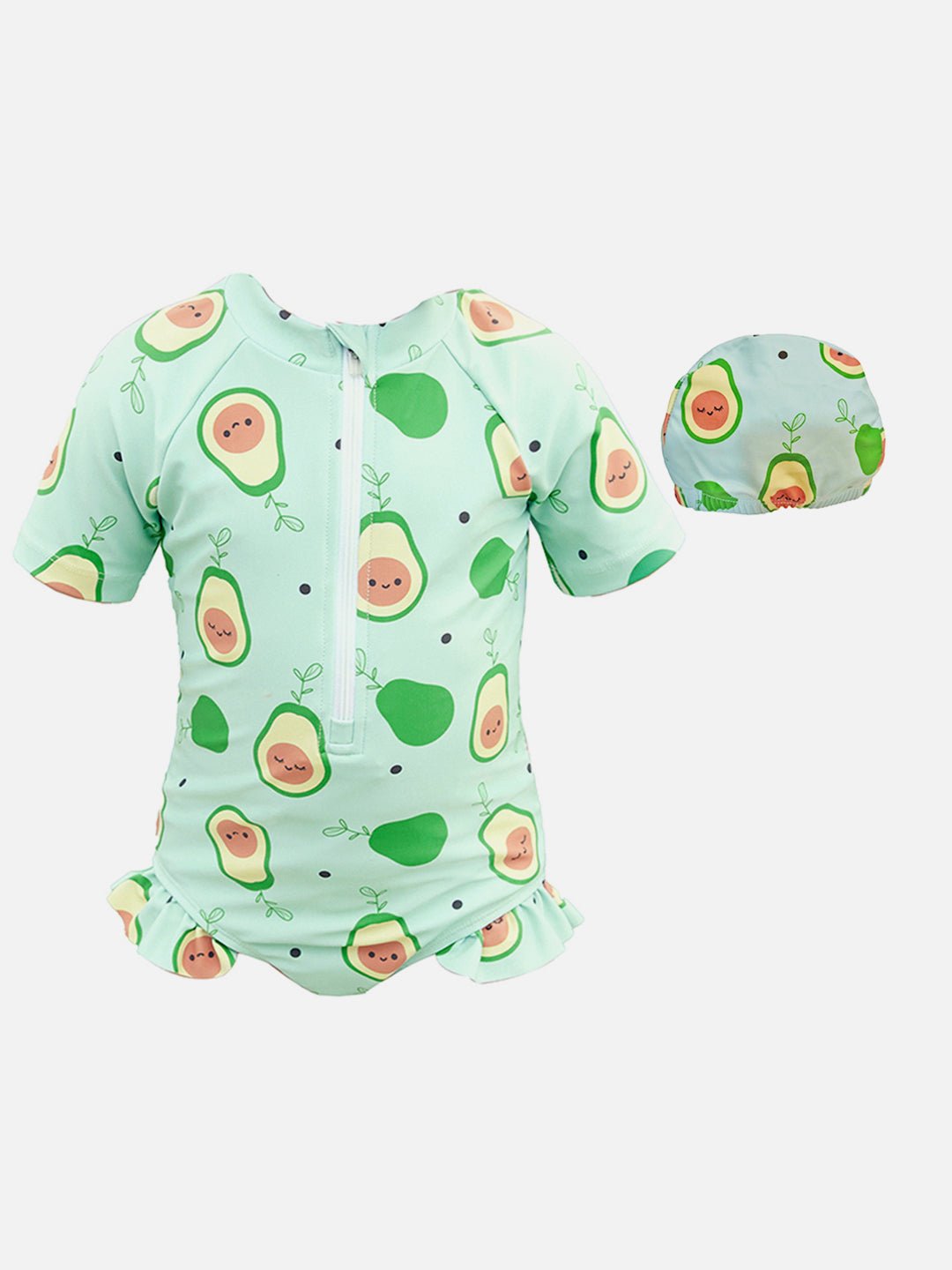 Green Frilly Avocado Printed Kids 2pcs Swimwear With Matching Swim Cap