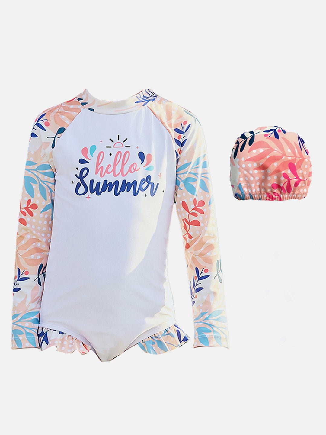Pink Hello Summer Floral Printed Kids One Piece UPF 50+ Swimwear With Swim Cap