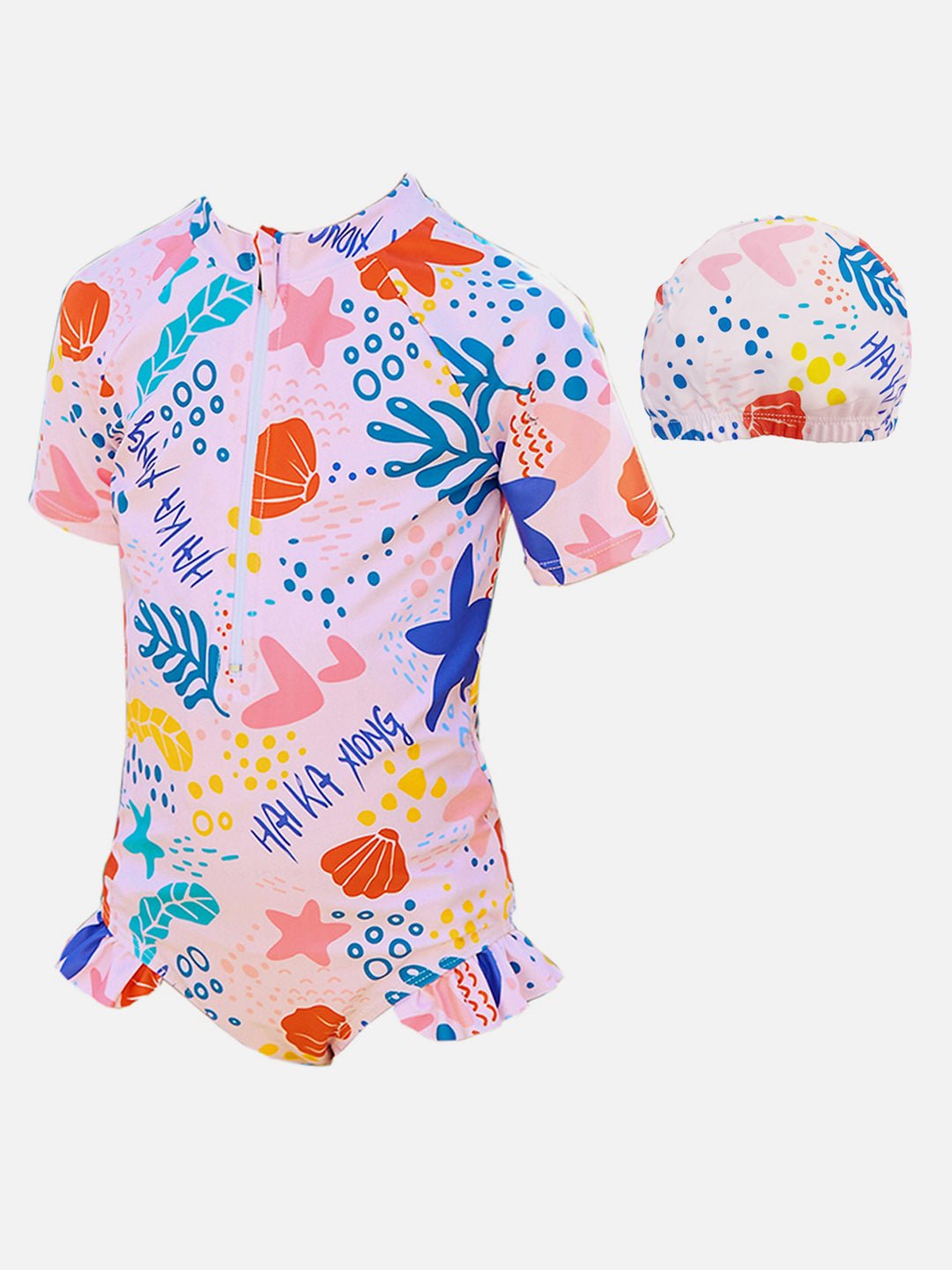 Pink Shell Starfish Printed Kids UPF 50+ 2pcs Swimwear With Matching Swim Cap