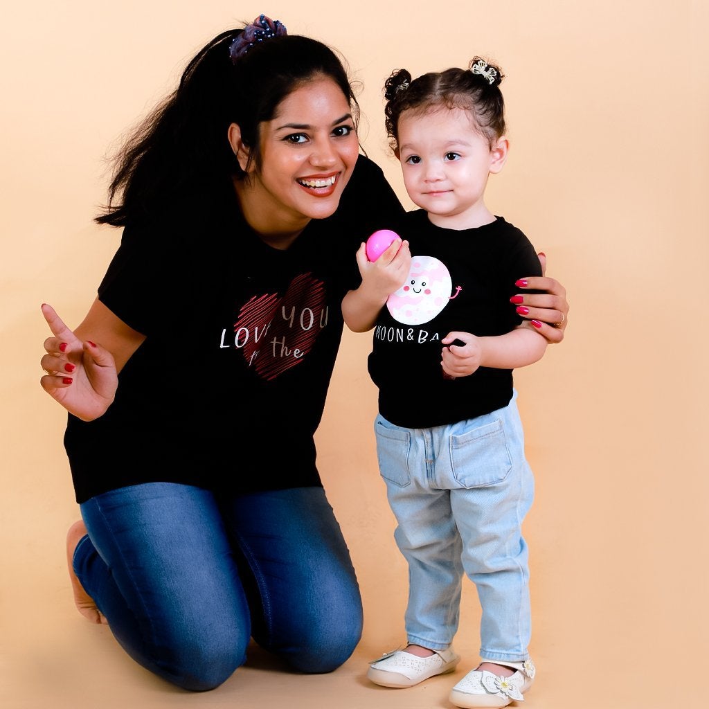 Love You To The Moon Black Cotton Matching Family T-Shirt Twinning Combo Of 2