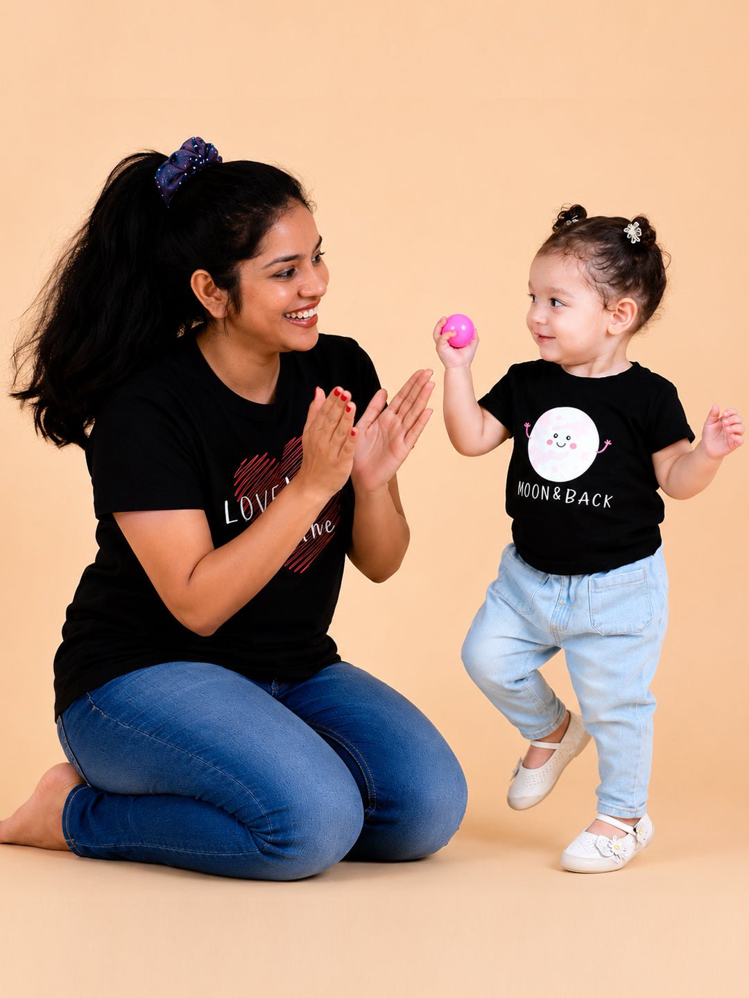 Love You To The Moon Black Cotton Matching Family T-Shirt Twinning Combo Of 2