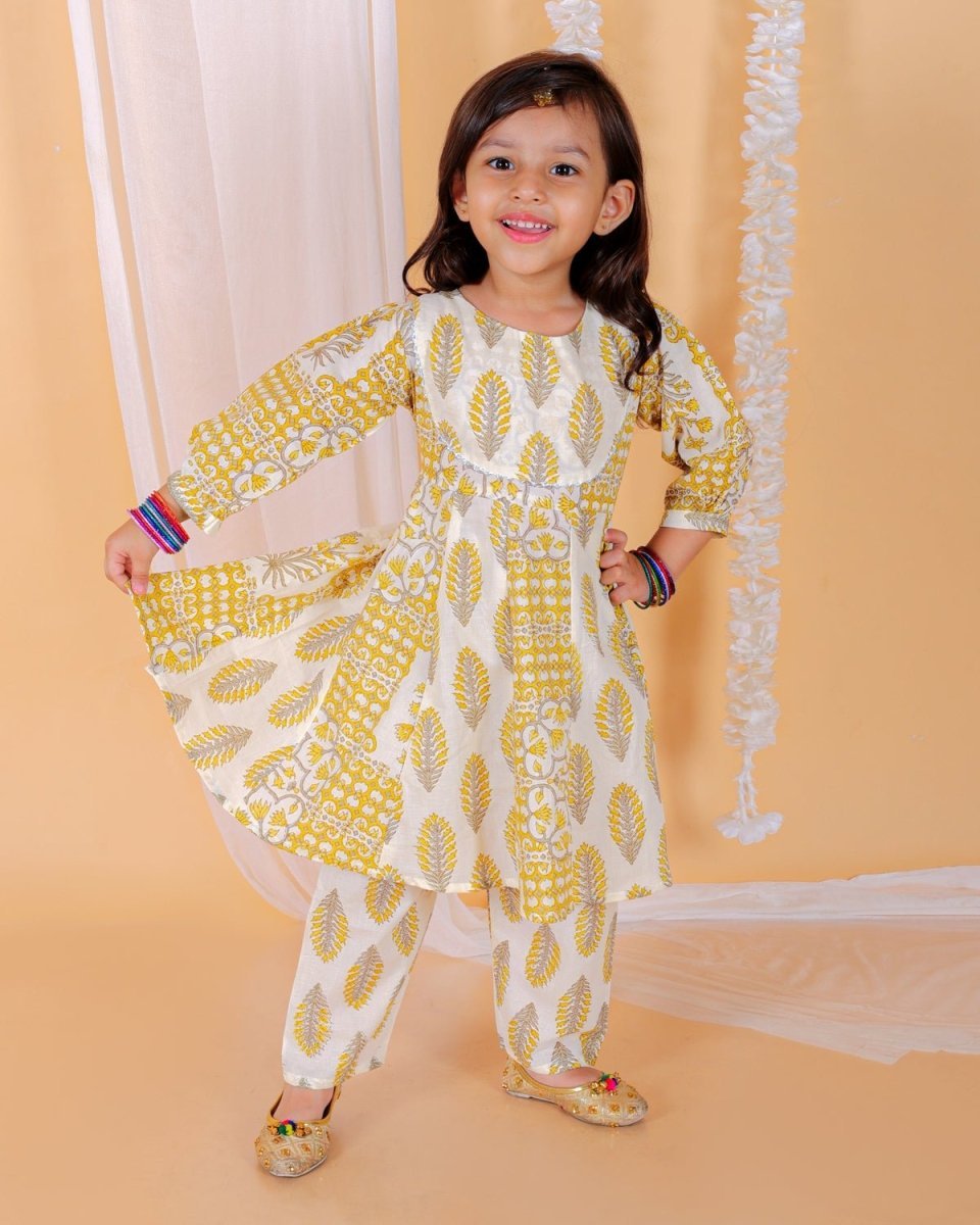 Yellow Floral Print Girls Anarkali Kurta Set