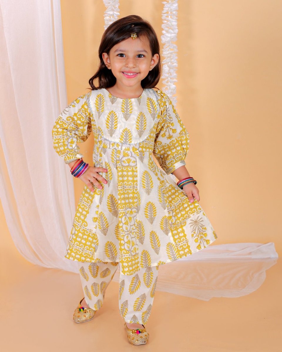 Yellow Floral Print Girls Anarkali Kurta Set