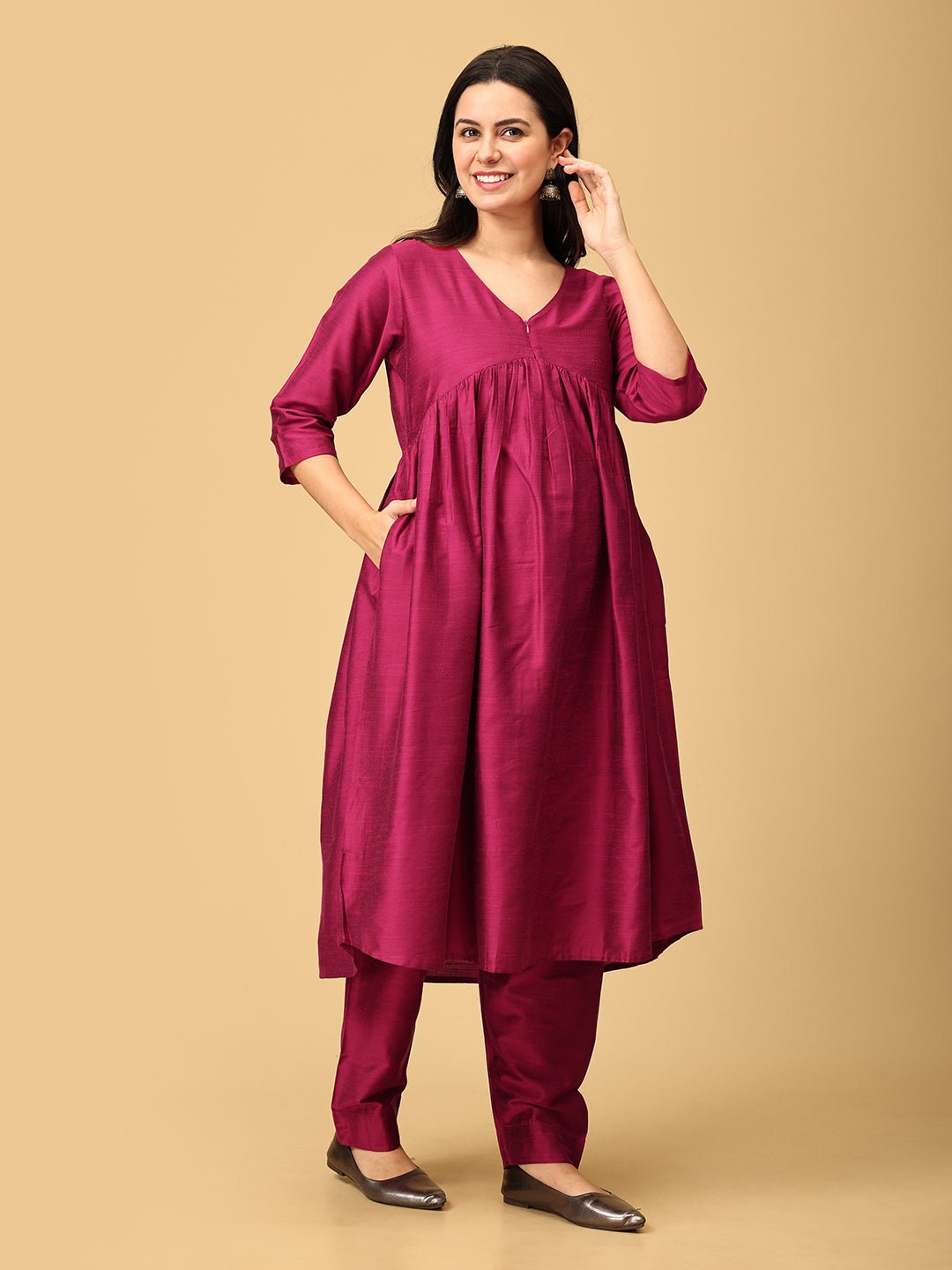 Magentastic Maternity and Nursing Silk Kurta Set Magenta