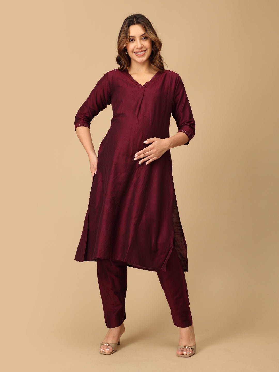 Marilyn Merlot Embroidered Maternity and Nursing Kurta Set Wine