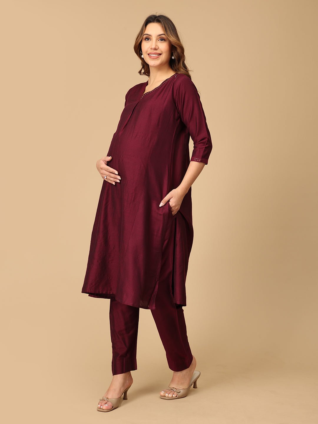Marilyn Merlot Embroidered Maternity and Nursing Kurta Set Wine