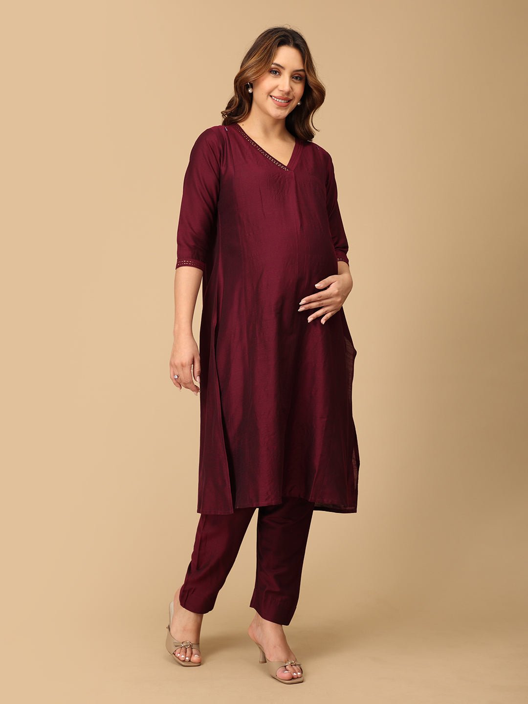 Marilyn Merlot Embroidered Maternity and Nursing Kurta Set Wine